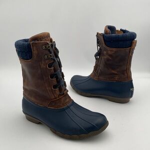 Sperry saltwater duck boots women 9M waterproof Dark Brown Navy rain snow casual